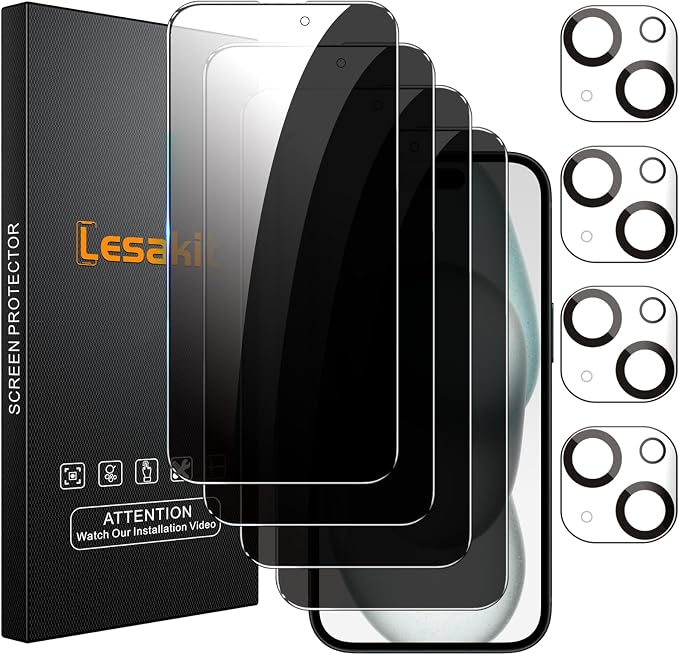 Lesakit 4+4 Pack Privacy Screen Protector for iPhone 15 Plus 6.7-Inch with 4 Pack Camera Lens Protector, Anti Spy Tempered Glass Film 9H Hardness Case Friendly by Lesakit