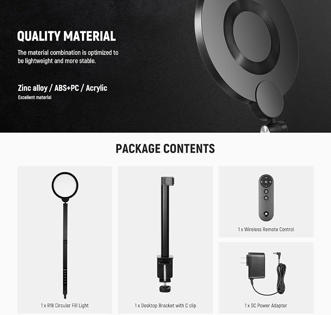 NEEWER Basics 18W 7" Desktop Ring Light with Stand for Desk, Video Conference Streaming Recording Makeup Selfie Computer Laptop Zoom Lighting, Full Screen LED Circle Ringlight with Arm & C Clamp, R18 - Image 9