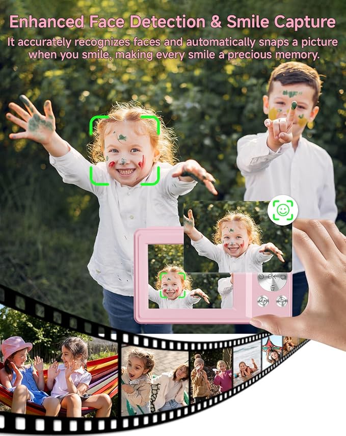 Digital Camera for Kids, FHD 1080P 44MP Point and Shoot Digital Camera with Face Detect, Smile Capture, 16X Zoom, 20 Filters, Anti Shake, Pink Compact Vintage Camera - Image 5