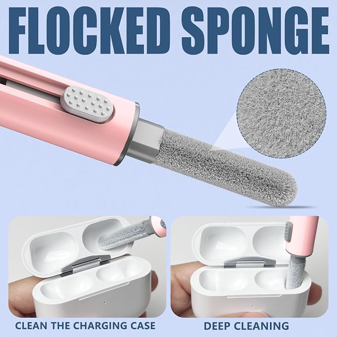 Inesore for AirPod Cleaning Kit, for Phone Earbuds Electronics (Pink) | Metal Tip, High-Density Soft Brush, Flocked Sponge Tip, 3 in 1 Design, Compact & Lightweight, Easy Operation, Easy to Carry - Image 3