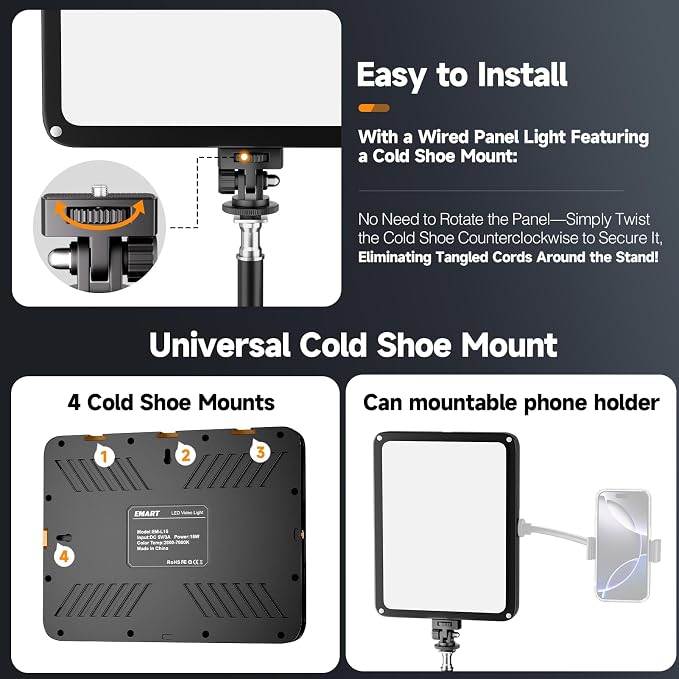 EMART 1-Pack LED Video Light Kit with Phone Holder & Barndoor | 2800-7000K Dimmable Studio Lights, 73'' Streaming Light for Video Recording, YouTube, Vlog, Photography, Content, Podcast - Image 9