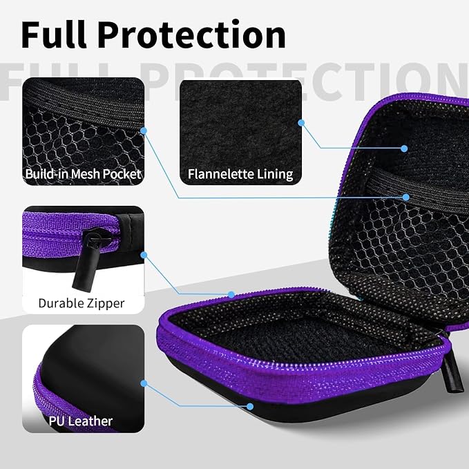 2 Pack Square Earbud Case Storage Bag with Carabiner, Purple/Green | Portable EVA Carrying Case, For Wired/Wireless Headphones, SD Card Storage, Camera Chip - Image 3