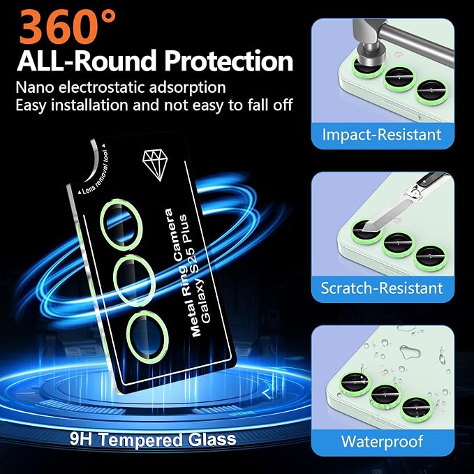 for Samsung Galaxy S25 Plus Camera Lens Protector, Individual Metal Ring Tempered Glass Lens Cover, [Strong Adsorption] Scratch Resistant Ultra-Thin HD Clear Lens Cover, 1 Set-Green Shine - Image 4