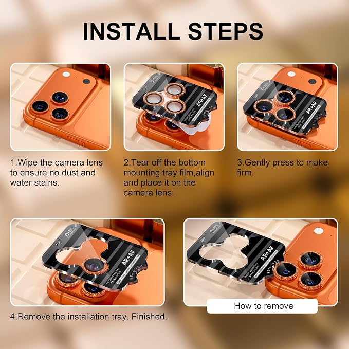 Misea Camera Lens Protector for iPhone 17 Pro Max/17 Pro, Orange Glitter | Bling Upgraded Look, 9H Tempered Glass Individual Metal Camera Cover, Anti-Scratch, for iPhone 17/16/15/14 Pro Max/Pro - Image 7
