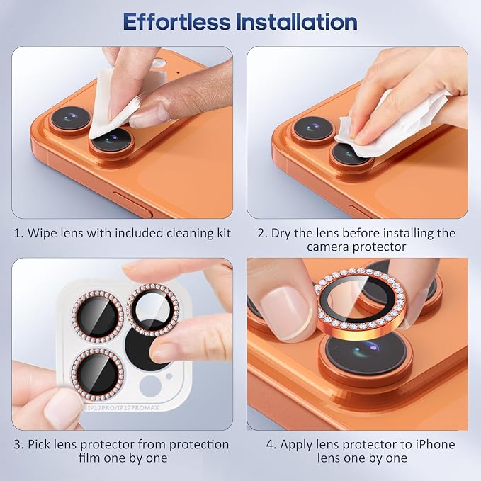 iPhone 17 Pro/17 Pro Max Camera Lens Protector Bling Diamond, Orange | Individual Metal, 9H Hardness, Scratch Resistant, Shockproof, Drop Protection, Case Friendly, Stylish Accessories - Image 7