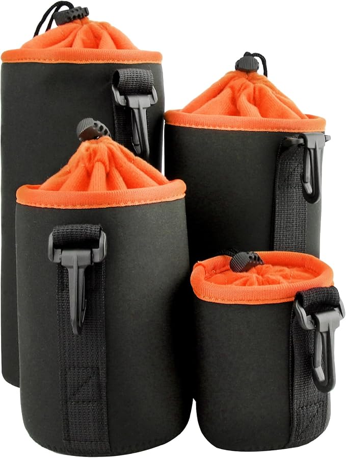 4Pcs Camera Lens Case Bag,4 Size Orange Water Resistant Protective Lens Pouch Set With Adjustable Drawstring Rotating Clamp,Replacement Compatible Thick Protective Neoprene for Canon,Nikon,Sony,Pentax by Unknown