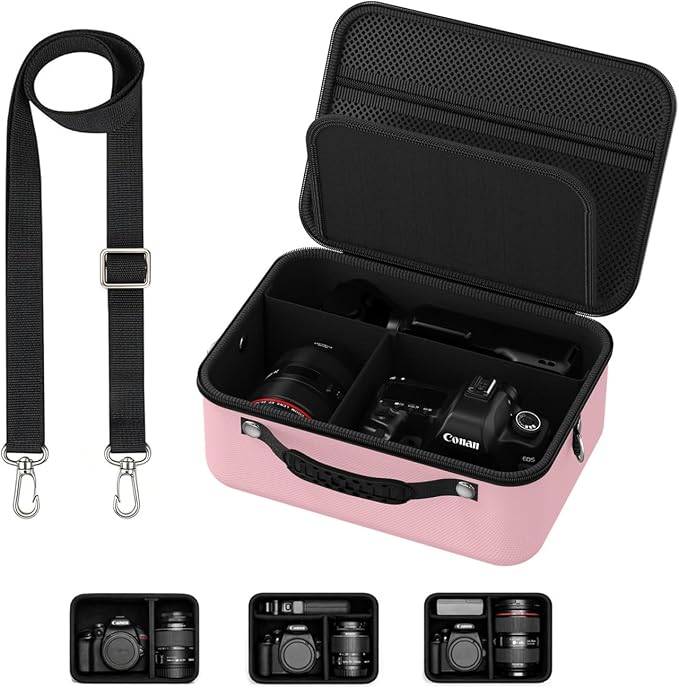 Hard Shell Camera Case Compatible with Canon EOS Rebel T7/R50/R100 and More DSLR & Mirrorless Cameras – Portable Travel Bag with Adjustable Dividers, Mesh Pocket & Shoulder Strap (Pink) by Unknown