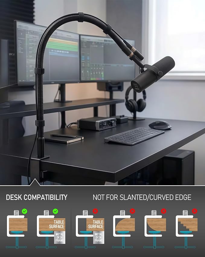 KC32 24-Inch Gooseneck Mic Stand, Heavy-Duty Desk Clamp for Podium | Flexible Arm Microphone Holder, Lectern Mount, 5/8-27 Thread, 3/8-16 Adapter, Mic Clip, Podcast, Pulpit, Studio, 2.2 lb Load - Image 6
