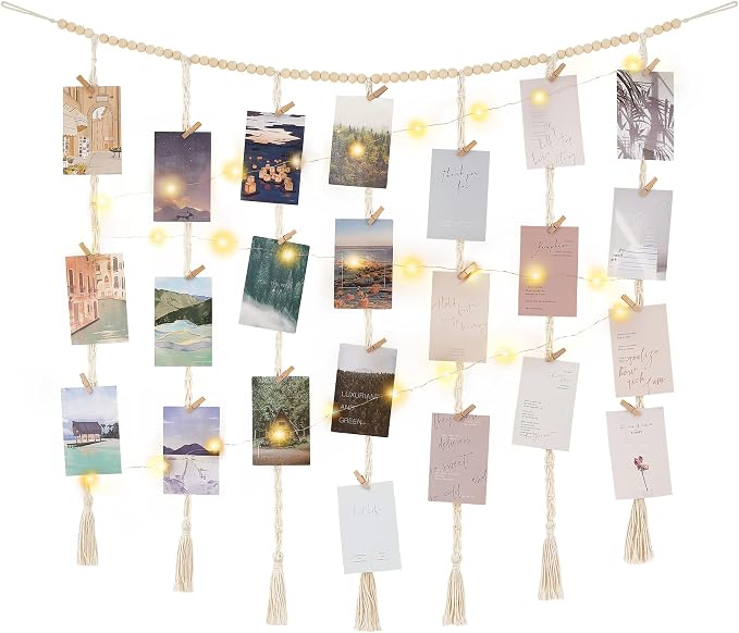 Mkono Hanging Photo Display, Boho Macrame Wall Decor with Lights, Ivory | 45 Clips, String Lights, Teen Girl Stuff Gifts, Wooden Beads Banner, Pictures Postcards Holder, Bedroom Living Room Dorm by Mkono