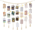 Mkono Hanging Photo Display, Boho Macrame Wall Decor with Lights, Ivory | 45 Clips, String Lights, Teen Girl Stuff Gifts, Wooden Beads Banner, Pictures Postcards Holder, Bedroom Living Room Dorm by Mkono