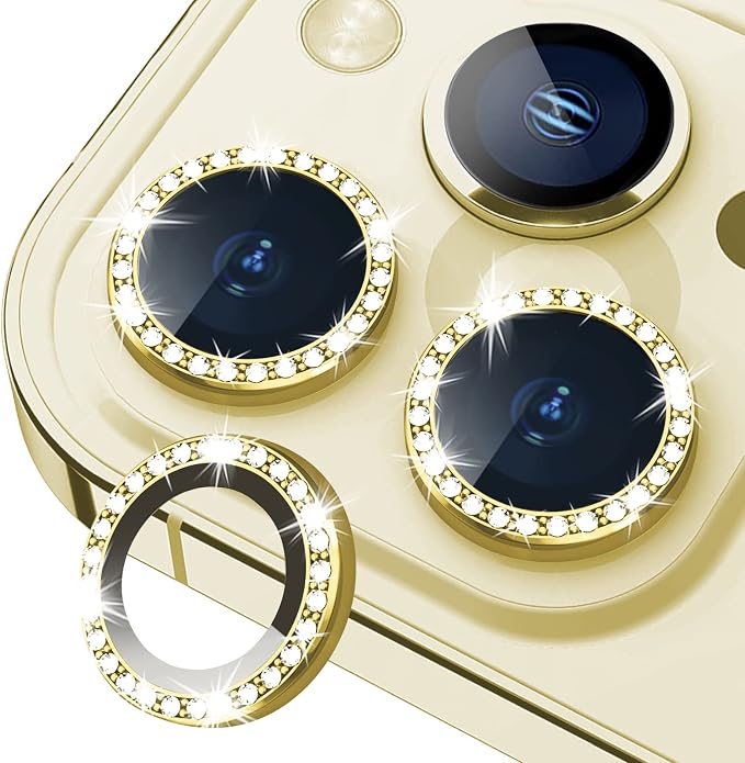 iPhone 13 Pro/13 Pro Max Camera Lens Protector Bling Diamond, Gold | Individual Metal, 9H Hardness, Scratch Resistant, Shockproof, Drop Protection, Case Friendly, Stylish Accessories by Xfilm