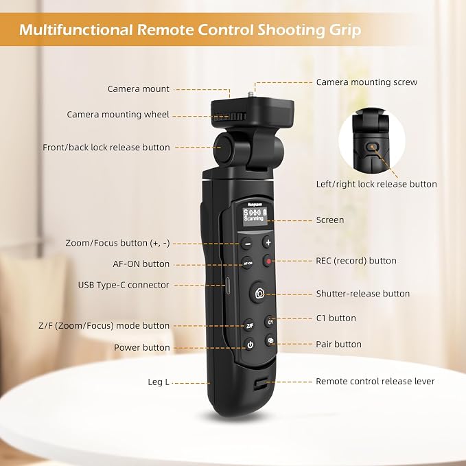 for Sony Tripod Wireless Shooting Grip with Shutter Release - Mini-Tripod with Rechargeable Remote Control for ZV-E10/ZV-E1/ZV-1/ZV-1F/RX100 VII/RX0 II/A6700/A6400/A6600/A7 III/FX3/FX30 - for Vlogging - Image 8
