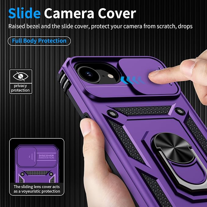 for iPhone 17e Case & iPhone 16e Case with 2X HD Screen Protector & Slide Camera Cover & Rotated Ring Kickstand, Rugged Heavy Duty Protective Phone Case for iPhone 17e/16e 6.1 inch, Purple - Image 5