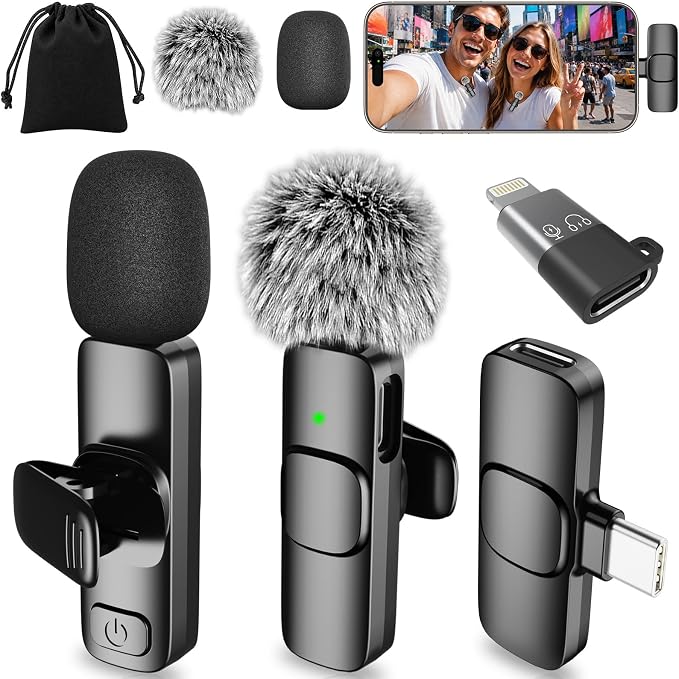 Mini Microphone for iPhone Android - Wireless Lavalier Microphone USB-C Lightning, Noise Cancelling Clip On Mic, 65ft Range, 12H Battery for Video Recording TikTok YouTube Content Creators by SmaFun