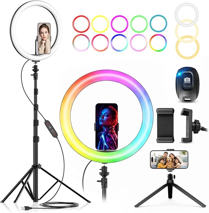 12" Selfie Ring Light with 73" Extendable Tripod Stand and Phone Holder, 38 Color Modes Dimmable RGB Ring Light,3-in-1 Desk & Floor Use for iPhone, Makeup, TikTok, YouTube, Live Streaming by PEYOU