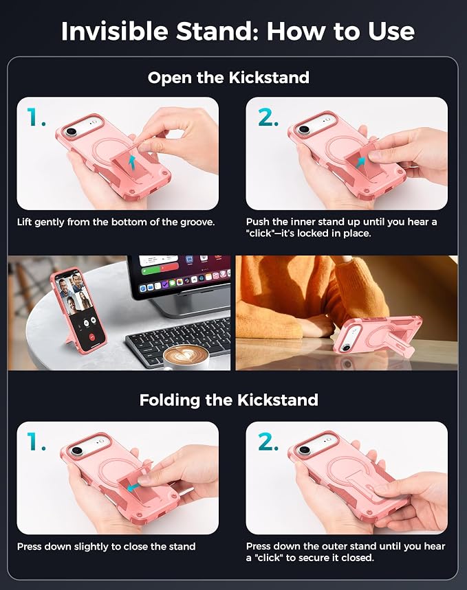 Goton 3 in 1 for iPhone Air Case with Privacy Screen Protector Pink | Glass Camera Lens Protector,Compatible for MagSafe,Invisible Kickstand, Shockproof Phone Cover for iPhone 17air - Image 8