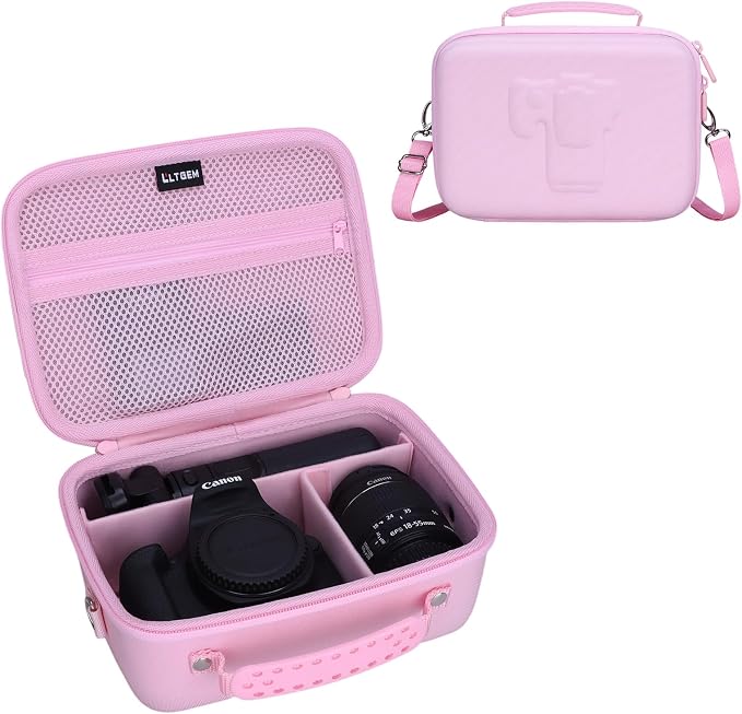 L LTGEM Hard Camera Case Compatible with Canon EOS Rebel T7, R50, R6 Mark II, R100, DSLR SLR Cameras, Lenses, and Tripods, Camera Travel Bag, Featuring 4 Dividers and a Shoulder Strap, Pink by LTGEM