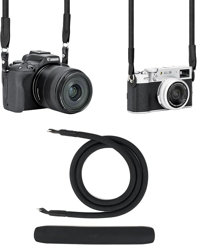 JJC 100cm Braided Rope Neck Shoulder Strap for Canon T7 T6 R100 R50, Black | Soft Camera Strap for Canon EOS R10 R6 R5 Nikon Z30 Z7II Zfc Fujifilm XM5 XS20 X100V Sony A7R A7S A7 V & More DSLR Mirrorless by JJC