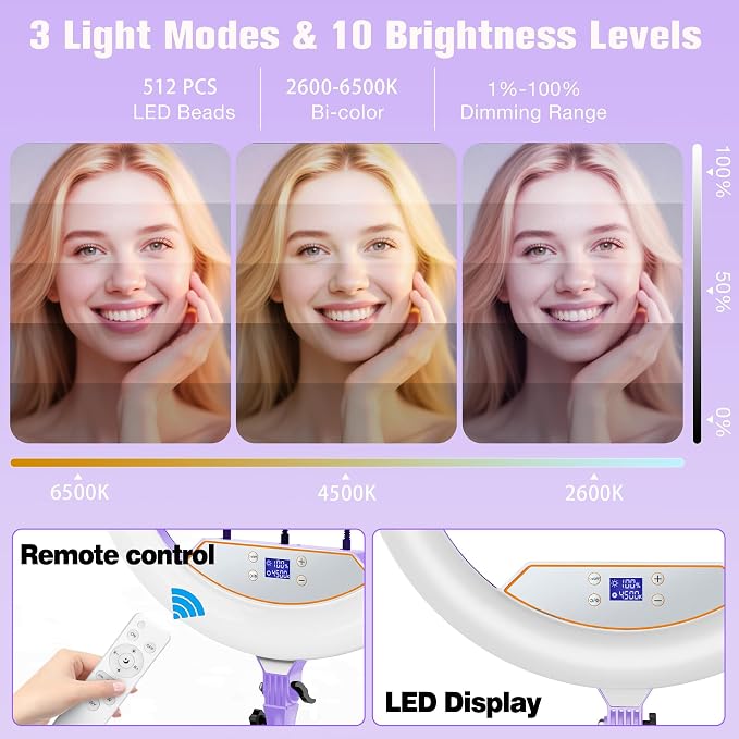 MACTREM Purple 22" Ring Light for iPad iPhone with 75" Tripod Stand Barber | LCDisplay,2 Usb Ports, Fits Ipad/Tablet 12.9", 2600k-6500k Color Temperature, For Barber/Tattoo Tiktok Video Recording Vlog - Image 3