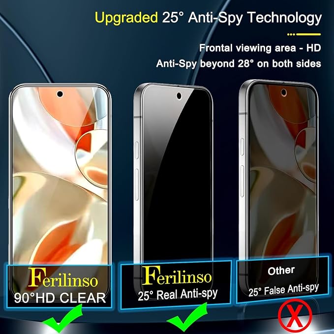 Ferilinso Privacy Screen Protector for Google Pixel 9 Pro, Tempered Glass | 3 Pack, 9H+ Hardness, Military-Grade Shatterproof, Case Friendly, Easy Installation Bubble Free, with Camera Lens Protectors - Image 3