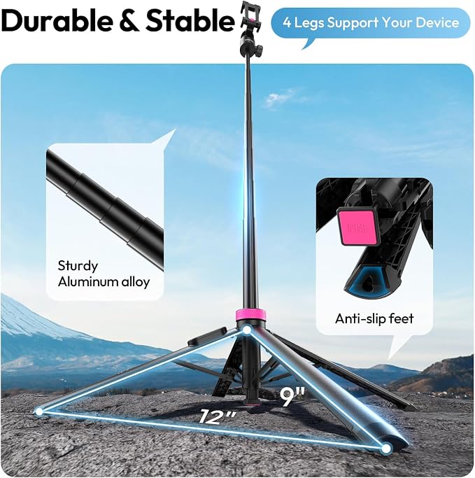 ULANZI MT-44B Phone Tripod, 59'' Auto Open Phone Stand Dual Camera Set up | 360° Ball Head, Extendable Selfie Stick w Cold Shoe, Stable Four-Leg for Filming Vlog Travel, Family Gatherings - Image 9