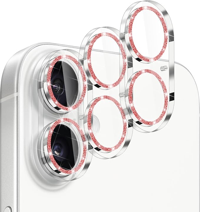 Dengduoduo 3 Pack Camera Lens Protector for iPhone 17, Tempered Glass, Ultra HD, 9H Hardness, Anti-Scratch, Case Friendly,[No Affect on Night Shots], Glitter Red by Dengduoduo