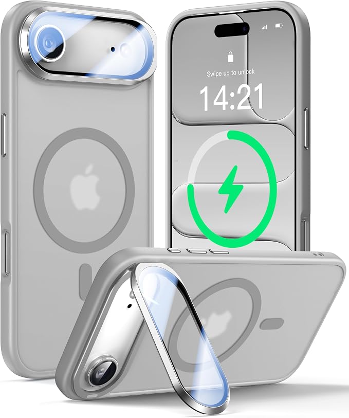 VOFATA [Upgraded Full Camera Protection] for iPhone Air Case with Camera Cover Stand [Fit for MagSafe][10FT Mil-Grade Protection] Translucent Magnetic Phone Cover for iPhone 17 Air Case, Grey by VOFATA