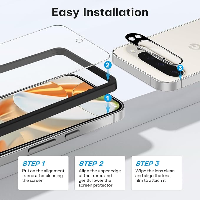 OMOTON 3+2 Pack for Google Pixel 9 Pro Screen Protector 6.3 inch | 3 Pack Tempered Glass Screen Protector&2 Pack Camera Lens Protector with Alignment Framework, Case Friendly(Not for 9/9 XL) - Image 5