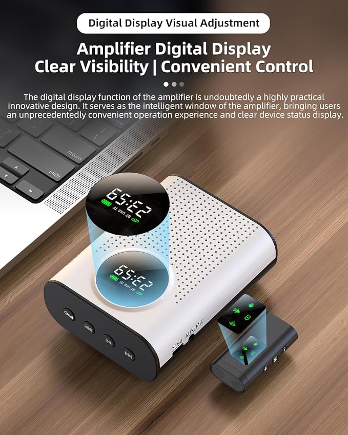 S67 Rechargeable Voice Amplifier Wireless Microphone Dual for Teachers Classroom, Mini Lavalier Lapel Mic Clip Magnetic, Bluetooth Speaker with LED Display for Class, Tour Guide, Coaches, White - Image 6