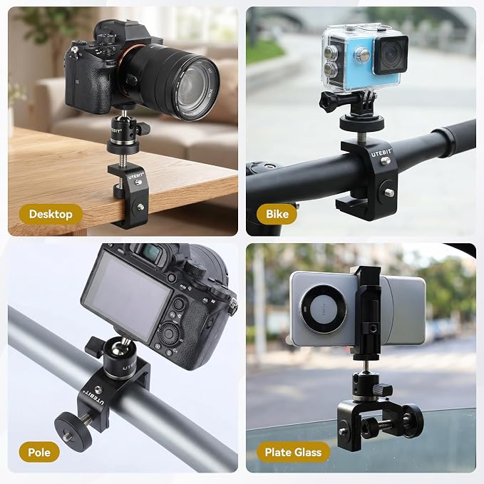 UTEBIT 40mm C-Clamp Camera Mount with Mini Ball Head, Black | 1/4 Thread Hole Metal Clamp with 360° Swivel Ballhead Camera Mount 1/4 Hot Shoe Adapter for Camera Desk Bicycle Woodworking - Image 9