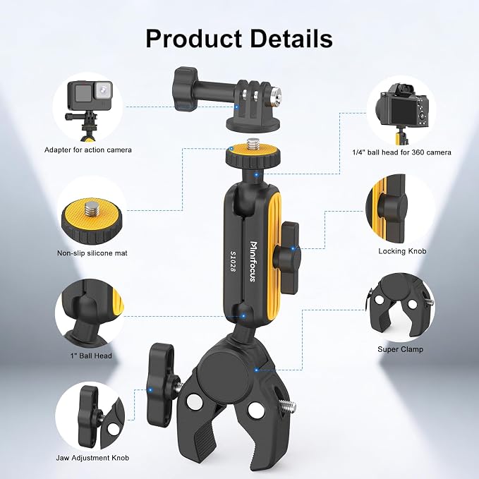 MINIFOCUS Super Clamp with 360° Dual Ball Head Magic Arm, 1/4" Thread Screw, Action Camera Clamp Mount Adapter for DSLR, Monitor, Action,Insta360 for Desk Tripod Tube Crossbar Bike/Motorcycle - Image 7