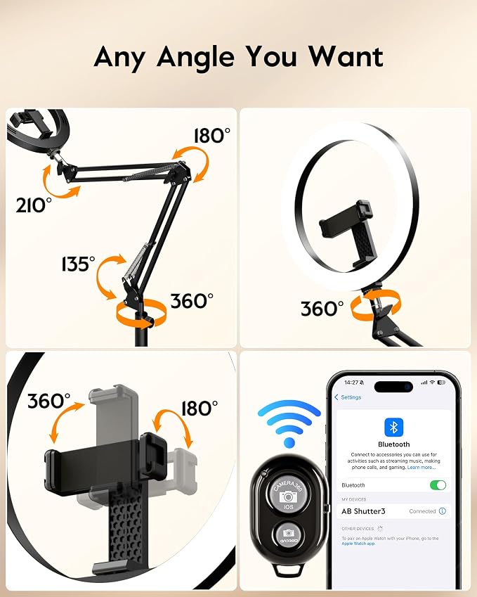 LUXSURE Tripod for iPhone with Light,71" Overhead Phone Mount with Phone Holder,Adjustable Ring Light with Stand and iPhone Tripod for Video Recording,Cooking,Painting,TikTok,YouTube - Image 4