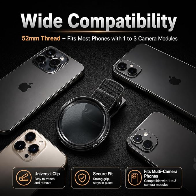 Upgraded 52MM Variable ND2-ND400 Filter, Clip-on Phone Lens ND Filter Kit, Compatible for Phone17 16 15 14 13 12 11, and Other Smart Phones - Image 7
