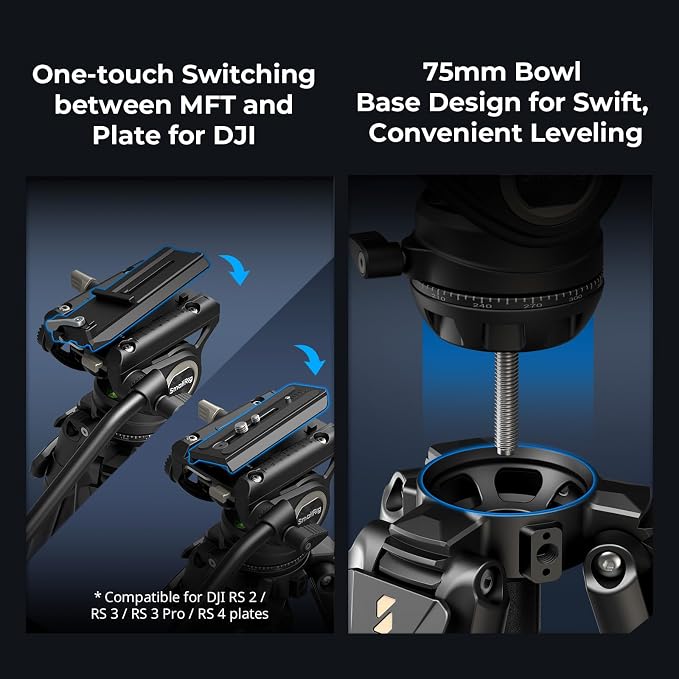 SmallRig AD-50 Max Heavy Duty Video Tripod, 68.5" Carbon Fiber Lightweight Tripod with FreeSpeed One-Step Height Adjustment, Fluid Head, Dual-Mode QR Plate, Load up to 17.6lb - Image 8