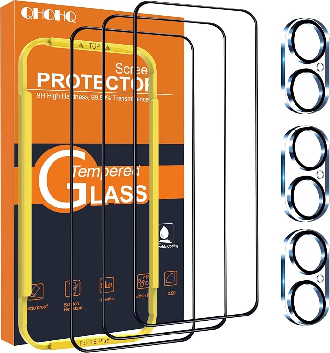 QHOHQ for iPhone 16 Plus Screen Protector + Camera Lens Protector, 3+3 Pack | [Military Grade Shatterproof], Top 9H+ Tempered Glass, Full Edge Coverage, Ultra Durable, with Easy Installation Tool by QHOHQ