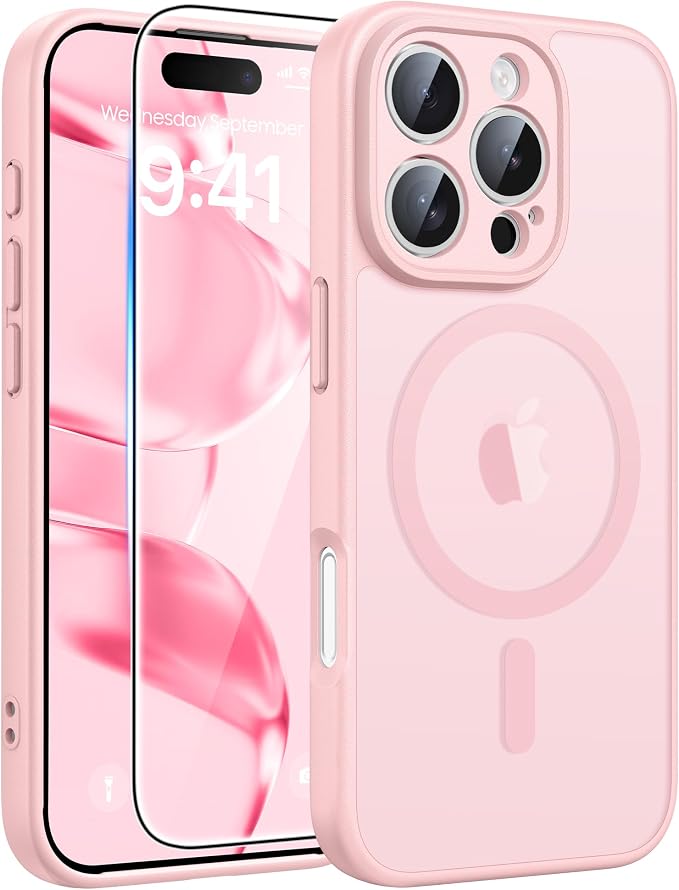 FNTCASE for iPhone 16 Pro Case, Fit for Magsafe, with Screen Protector | Full Camera Protection, Translucent Matte, 14FT Military Grade Drop Proof, Shockproof Protective Phone Cover, Light Pink by FNTCASE