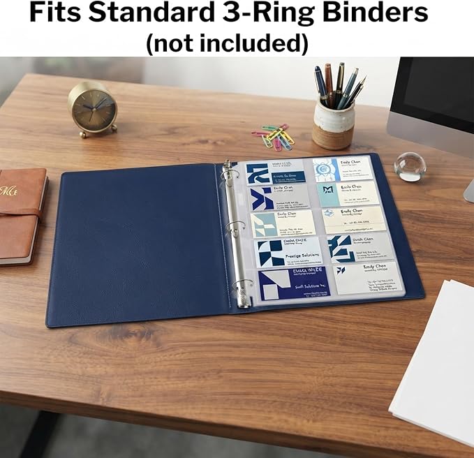 Business Card Holder Sleeves (25 Pack for 500 Cards) for 3 Ring Binder | Heavyweight Plastic Sheet Protect, Each Sleeve Holds 2x3.5 Namecards, 3-Hole Punched - Image 5