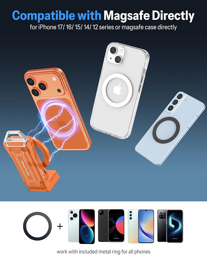 OMOTON TP02-Pro 5 in 1 Magnetic Phone Holder for Vlogging Essentials,Orange | Arca-type Base with a 1/4" Screw Hole, Magnetic Ring with Rear Attachment Plate, for iPhone 12-17 Series, Gym Kitchen Travel - Image 9