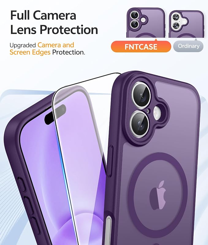 FNTCASE for iPhone 16 Case, Fit for Magsafe, Screen Protector, Purple | Full Camera Protection, Translucent Matte, 14FT Military Grade Drop Proof, Shockproof Protective Phone Cover - Image 4
