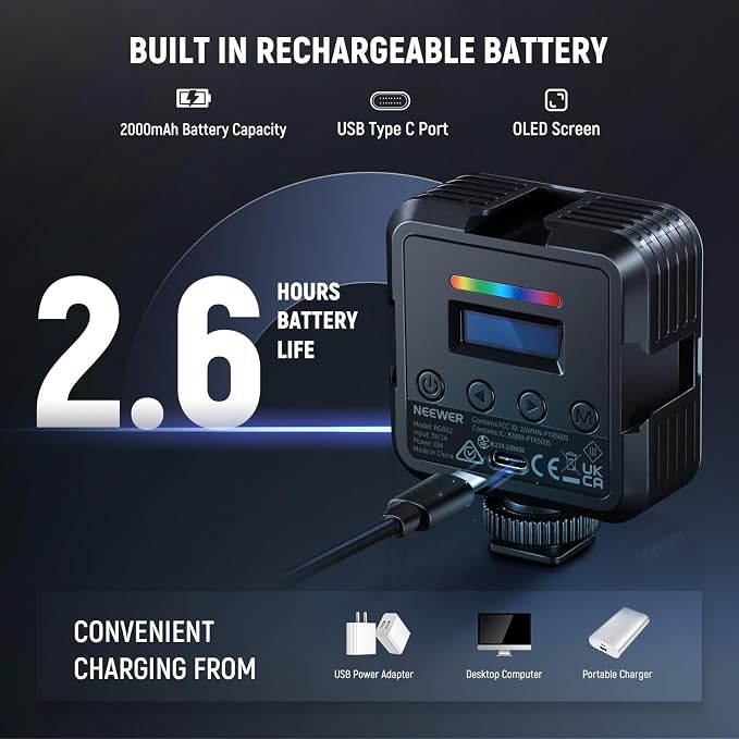 NEEWER RGB62 Magnetic RGB Video Light with Upgraded App Control | 360° Full Color, LED Camera Light, 3 Cold Shoes, CRI97+, 2500K-8500K, 17 Scenes, 2000mAh Rechargeable, Photography Lighting - Image 7