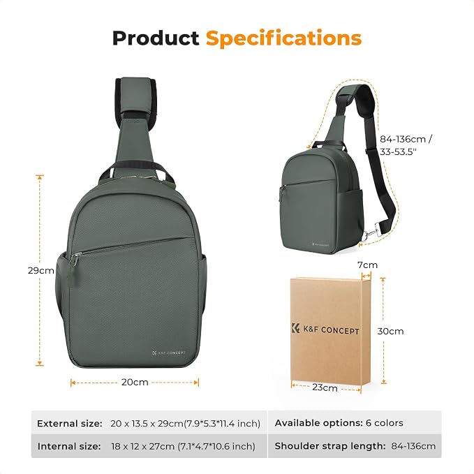 K&F CONCEPT Camera Sling Bag, Compact Photography Bag for DSLR Mirrorless | Lightweight Fabric, with Tripod Holder, Quick Access & Custom Dividers, Men & Women, for Sony Canon Nikon, Green, BS06 - Image 8
