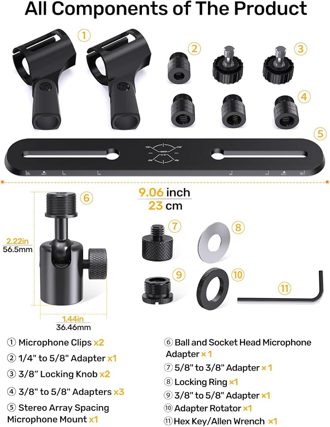 Stereo Array Spacing Mic Mount Bar with 360° Mic Ball Head Adapter, Adjustable Mic Holder for Two Mics/Booms with 1/4”, 3/8” & 5/8” Thread Adapter Fits Most Mic Stands, for XY/ORTF Recording - Image 9