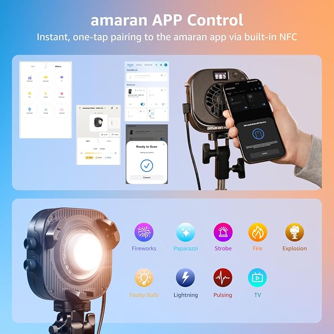 amaran Halo 100x Portable Video Light,100W Bi-Color COB Light | CRI 96+, TLCI 97+ APP Control 2,700K-6,500K Bowens Mount LED Studio Lighting for YouTube Vlog Recording Photography Light - Image 5
