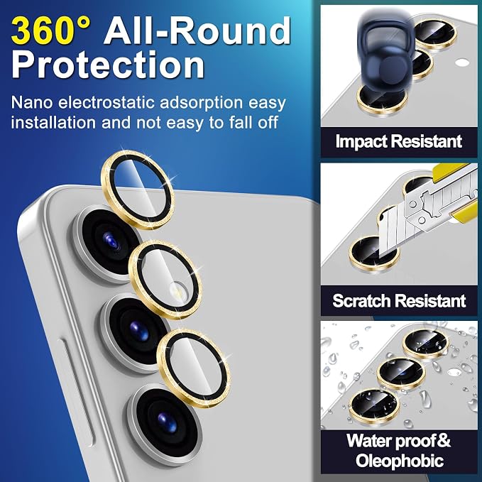 for Samsung Galaxy S23 FE Camera Lens Protector, Individual Metal Ring Tempered Glass Lens Cover, [Strong Adsorption] Scratch Resistant Ultra-Thin HD Clear Lens Cover, 1 Set-Gold Sparkly - Image 3
