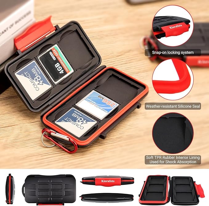 Kiorafoto 6 CF Card Slots Professional Water-Resistant Anti-Shock Compact Flash Card Holder Case Storage Compact Flash Memory Card Protector Wallet with Carabiner | Anti-Shock,Memory Card Holder Storage Carring Case for 6 Compact Flash CF Cards,Hard Sh... - Image 4