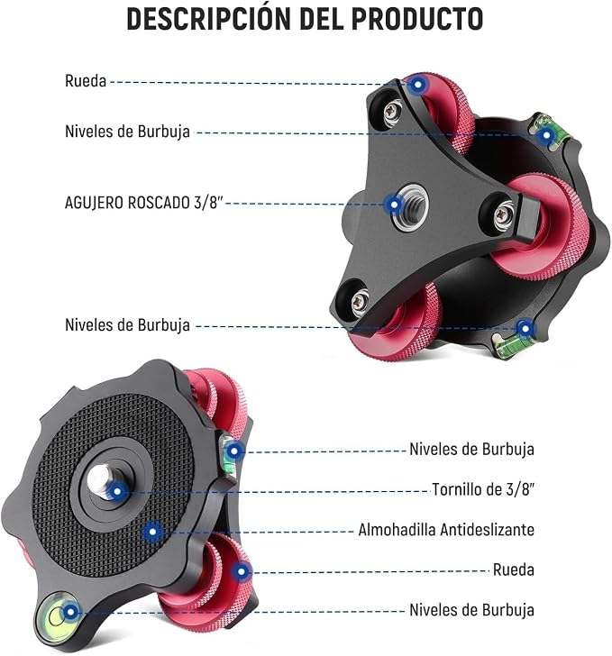 NEEWER Tripod Head Leveling Base Camera Leveler 3 Axis Tri Wheel Head, LP64 | Aircraft Grade Aluminum Alloy, 3/8" Thread, -5° Precise Angle Adjustment, for Macro Panoramic Photography - Image 6