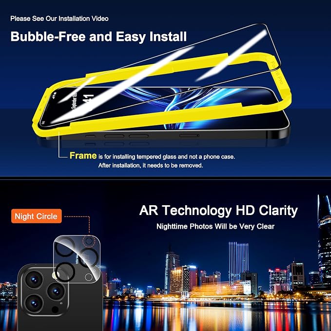 QHOHQ for iPhone 16 Pro Screen Protector + Camera Lens Protector, 3+3 Pack | [Military Grade Shatterproof], Top 9H+ Tempered Glass, Full Edge Coverage, Ultra Durable, with Easy Installation Tool - Image 7