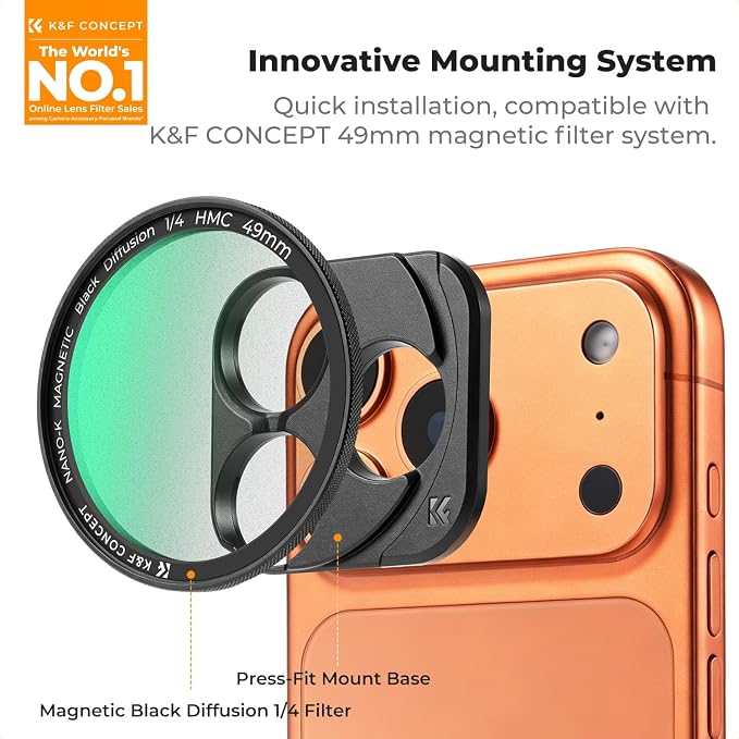 K&F CONCEPT Black Diffusion 1/4 Filter Compatible with iPhone 17-14 Pro/Max | 49mm Magnetic Black Diffusion 1/4 Lens Filter with Magnetic Press-Fit Mount, Softens highlights, Cinematic Aesthetic, FA302 - Image 2