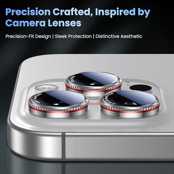 Uyiton for iPhone 17/16/15/14 (Pro Max & Pro) Camera Lens Protector | Unique Lines Text Design, Case-Friendly, Military-Grade Sapphire Glass Metal Camera, Easy to Install, Gearwheel Silver+Red - Image 2
