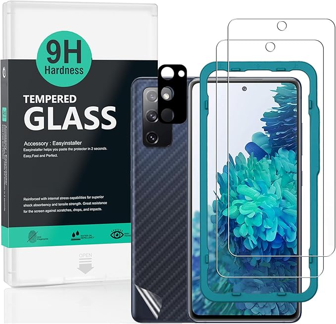 Ibywind Screen Protector For SamSung Galaxy S20 FE 4G/5G[2 Pack],9H Hardness Tempered Glass,With 1Pc Camera Lens Protector,1Pc Back Carbon Fiber Film by Ibywind